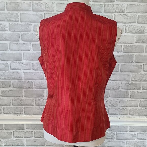 Amanda Smith Red Pure Silk Asian Button Down Striped Sleeveless Shirt Vest 8 - Picture 4 of 8
